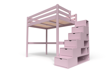 Lit Mezzanine Sylvia Avec Escalier Cube Bois, Couleur: Violet Pastel, Dimensions: 120x200