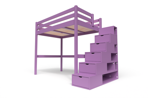 Lit Mezzanine Sylvia Avec Escalier Cube Bois, Couleur: Lilas, Dimensions: 120x200