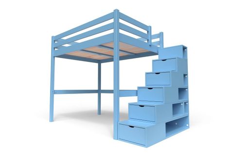 Lit Mezzanine Sylvia Avec Escalier Cube Bois, Couleur: Bleu Pastel, Dimensions: 140x200