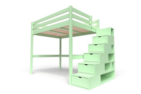 Lit Mezzanine Sylvia Avec Escalier Cube Bois, Couleur: Vert Pastel, Dimensions: 140x200