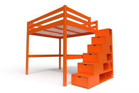 Lit Mezzanine Sylvia Avec Escalier Cube Bois, Couleur: Orange, Dimensions: 160x200