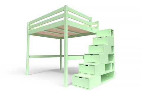 Lit Mezzanine Sylvia Avec Escalier Cube Bois, Couleur: Vert Pastel, Dimensions: 160x200