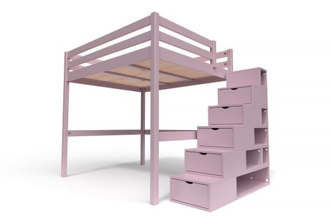 Lit Mezzanine Sylvia Avec Escalier Cube Bois, Couleur: Violet Pastel, Dimensions: 160x200