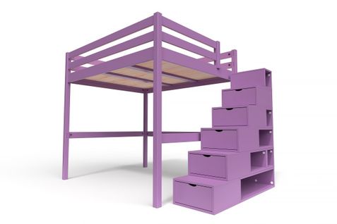 Lit Mezzanine Sylvia Avec Escalier Cube Bois, Couleur: Lilas, Dimensions: 160x200