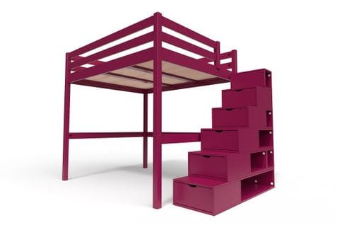 Lit Mezzanine Sylvia Avec Escalier Cube Bois, Couleur: Prune, Dimensions: 160x200