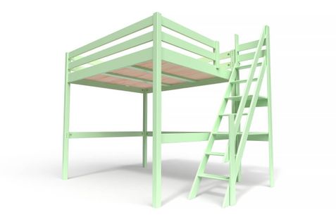 Lit Mezzanine Sylvia Avec Escalier De Meunier Bois, Couleur: Vert Pastel, Dimensions: 160x200