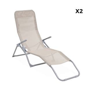 Lot De 2 Bains De Soleil Pliants - Levito Taupe - Transats Textilène 2 Positions. Chaises Longues