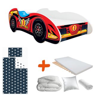 Pack Complet Lit Enfant Voiture Formule 1 Rouge : Lit + Matelas + Parure + Couette + Oreiller