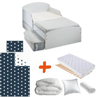 Pack Complet Premium Lit Blanc Tiroirs Garçon : Sommier + Matelas + Parure + Couette + Oreiller