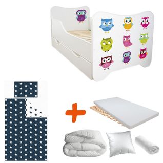 Pack Complet Lit Hiboux : Sommier + Tiroir + Matelas Et Parure + Couette + Oreiller