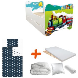 Pack Complet Lit Train : Sommier + Tiroir De Rangement + Matelas + Parure + Couette + Oreiller