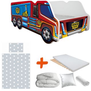 Pack Complet Lit Camion Modèle Benne Rouge : Lit + Sommier + Matelas + Parure + Couette + Oreiller