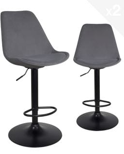 Lot 2 chaises de bar large siège velours, hauteur réglable, pivotant pied métal SOSA (gris noir)