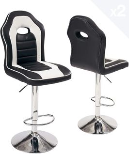 Lot 2 Chaises De Bar Racing Simili Rembourré Hauteur Réglable Pivotant ChromE BENI (blanc Noir)