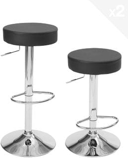 Lot 2 Tabourets Bar Rond Siège Simili Rembourré Pivotant Hauteur Réglable Pied Chrome YO (noir)