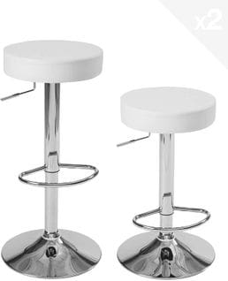 Lot 2 Tabourets Bar Rond Siège Simili Rembourré Pivotant Hauteur Réglable Pied Chrome YO (blanc)