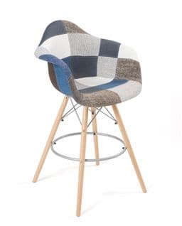 Chaise De Bar Scandinave Accoudoirs Siège Patchwork Tissu Rembourré Pieds Bois Clair TIBA (bleu)