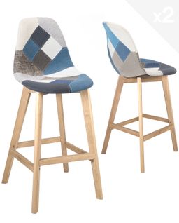 Lot de 2 tabouret chaise de bar patchwork tissu SLICK (patchwork Bleu)