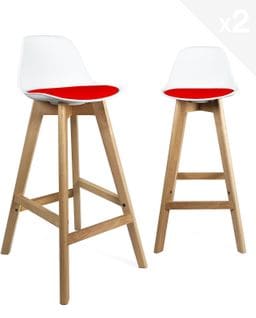 Lot 2 Chaises De Bar Scandinaves Hauteur 67 cm Coussin Simili Pieds Bois MALI (blanc Rouge)