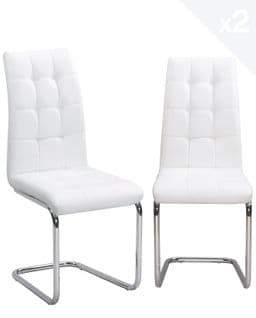 Lot 2 Chaises Salle à Manger Haut Dossier Simili Matelassé Rembourré Pieds Chromé MAXI (Blanc )