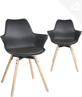 Lot 2 de 2 fauteuils scandinaves avec accoudoirs et coussin MOTI (noir - Marron foncé)