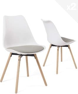 Lot 2 Chaises Scandinaves Cuisine Coussin Simili Pieds Bois Clair MIA (blanc Gris)