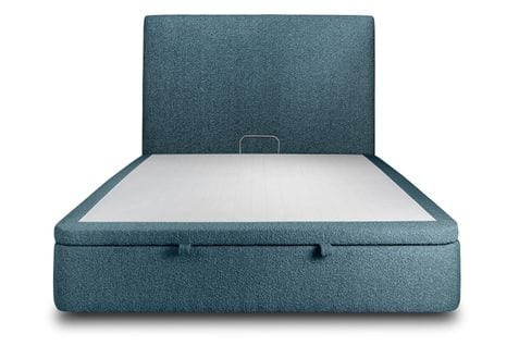 Lit Coffre 200x200cm Avec Tête De Lit Tapissier Bouclette Bleu - Hauteur Totale : 39cm