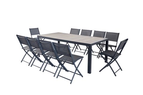 Ensemble Table Aluminium Effet Bois Et 10 Chaises Lagos