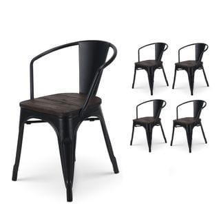 Lot De 4 Chaises En Métal Noir Mat Style Industriel Avec Assise En Bois Foncé