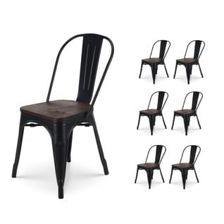 Lot De 6 Chaises En Métal Noir Mat Avec Assise En Bois Massif Foncé - Style Industriel