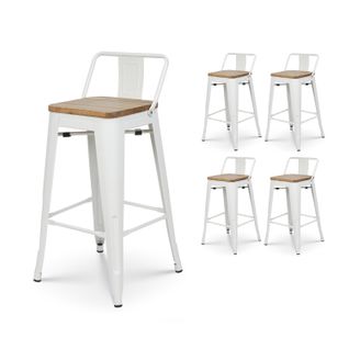 Lot De 4 Tabourets de bar en métal Blanc Mat Et Assise En Bois Clair - Hauteur assise 66cm