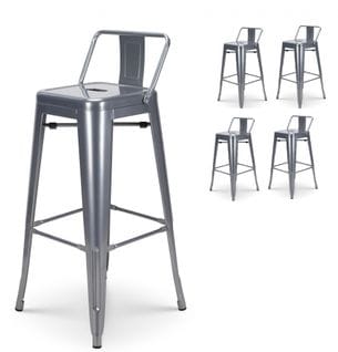 Lot De 4 Tabourets De Bar En Métal Brut Silver Avec Dossier - Hauteur Assise 76cm