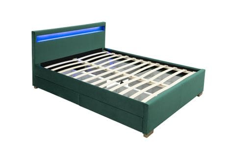 Structure De Lit En Velours Vert Avec Rangements Et LED Intégrées 140x190 Cm Enfield