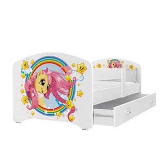 Lit Enfant Happy 80x160 Pony Blanc Livré Avec Sommiers, Tiroir Et Matelas En Mousse De 7cm