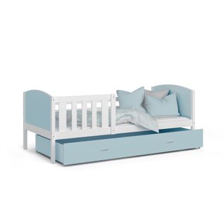 Lit Enfant Tami 90x190 ( Sans Matelas ) Blanc - Bleu Livré Avec Le Sommiers Et Tiroir.