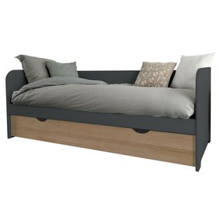 Pack Lit Gigogne Avec 2 Matelas Java   Gris Et Bois 80x200 Cm