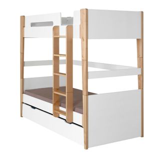 Pack Lit Superposé Modulable Gigogne Avec 3 Matelas Romy   Blanc Et Bois 90x190 Cm