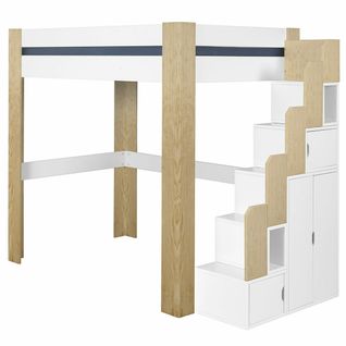 Pack Lit Mezzanine 2 Places Avec Escalier, Bureau Et Matelas Alex   Blanc Et Bois 120x190 Cm