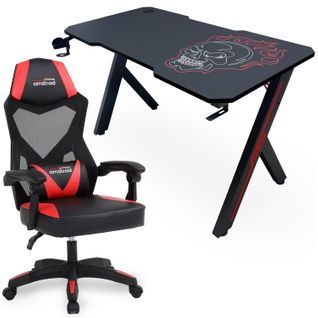 Pack Bureau Desk120z-skred Et Fauteuil 309-bk - 1m20 - Design Carbone Et Logo "tête De Mort" Rouge