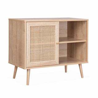 Meuble De Rangement En Cannage 80x39x65.8cm  Bohème - Naturel -  2 Niveaux - 1 Porte -  Pieds