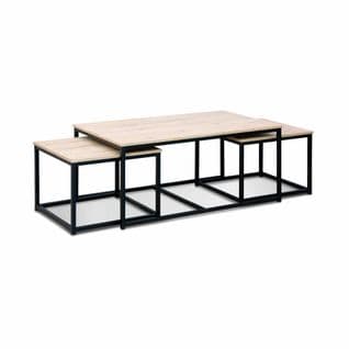 Lot De 3 Tables Gigognes Métal Noir Et Bois - Loft - Encastrables - 1x100x60x45 cm / 2x50x50x38 cm