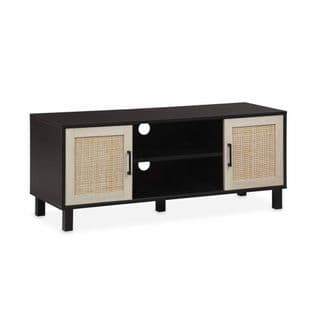 Meuble TV Noir Et Cannage 115 X 40 X 48cm - Bianca - 2 Niveaux - Portes Coulissantes