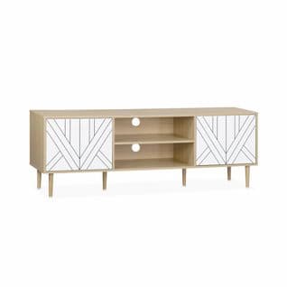 Meuble TV Décor Bois et Blanc - Mika - 2 Niveaux. 3 Étagères. 2 Portes. L 160 X L 40 X H 56cm