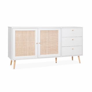 Buffet De Rangement Blanc En Cannage 2 Portes 3 Tiroirs  L150 X L39 X H79cm - Bohème