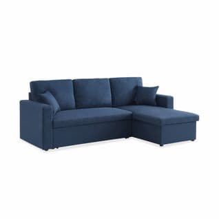 Canapé D'angle Convertible En Tissu Bleu - Ida - 3 Places. Fauteuil D'angle Réversible Coffre