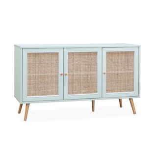 Buffet De Rangement En Cannage 120x39x70cm  - Bohème - 2 Niveaux. 3 Portes. Pieds Scandinaves