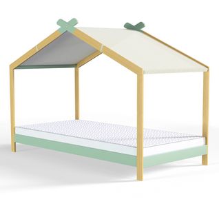 Ensemble Lit Cabane 90x190 En Pin Vert Avec Sommier Charly + Matelas Mousse Confort Kids