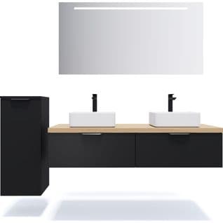 Ensemble Salle De Bain 2 Vasques Posées 140cm 2 Tiroirs Noir + Miroir + Colonne Gauche - Soho