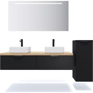 Ensemble Salle De Bain 2 Vasques Posées 140cm 2 Tiroirs Noir + Miroir + Colonne Droite - Soho