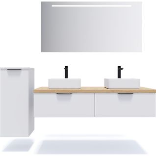 Ensemble Salle De Bain 2 Vasques Posées 140cm 2 Tiroirs Blanc + Miroir + Colonne Gauche - Soho